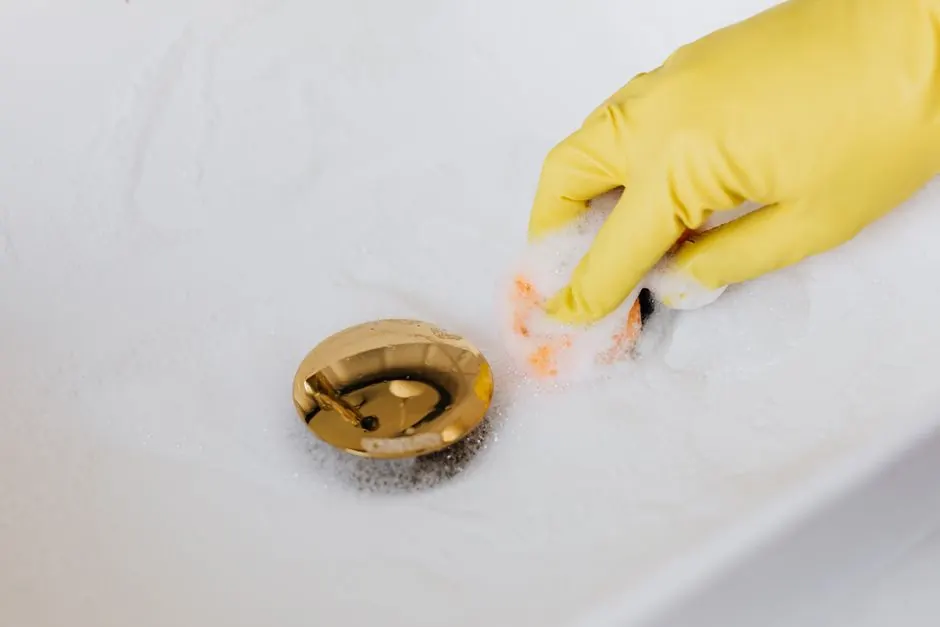 From above of crop anonymous person in yellow rubber protective glove using sponge and detergent for washing white sink in bathroom